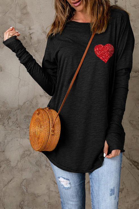 Black Heart Shape Glitter Pattern Print Long Sleeve Top
